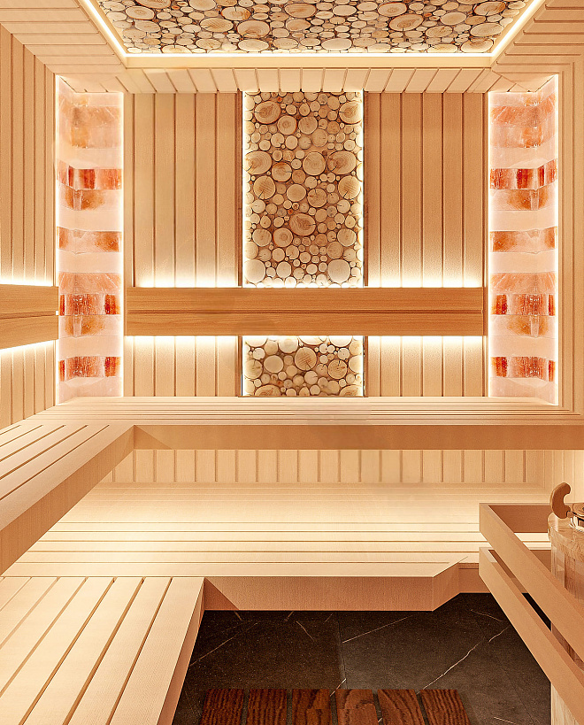 Сауна с панно из можжевельника