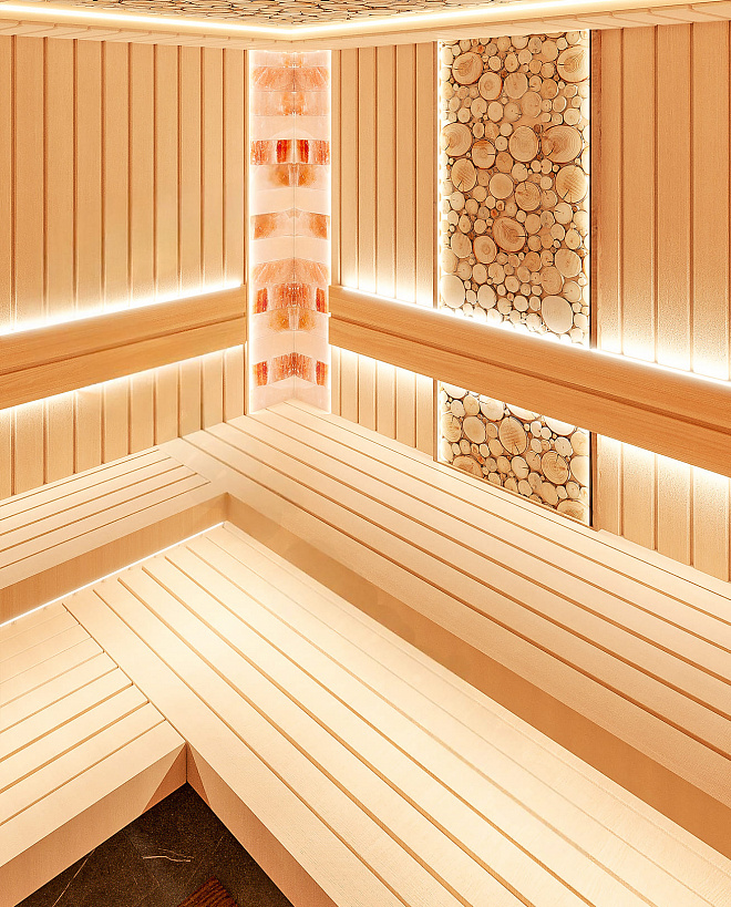 Сауна с панно из можжевельника