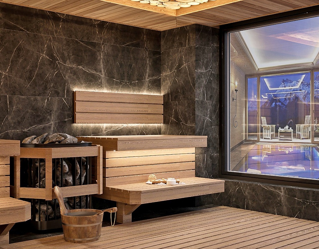 Премиум-сауна с панно из можжевельника