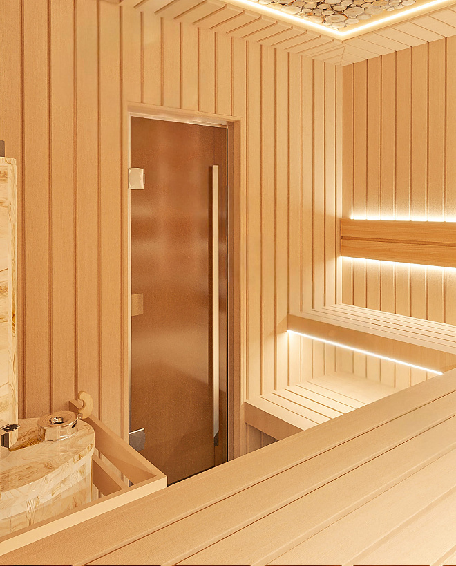 Сауна с панно из можжевельника