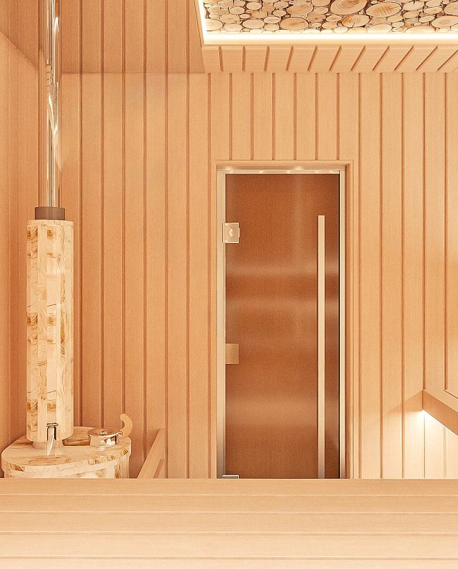 Сауна с панно из можжевельника