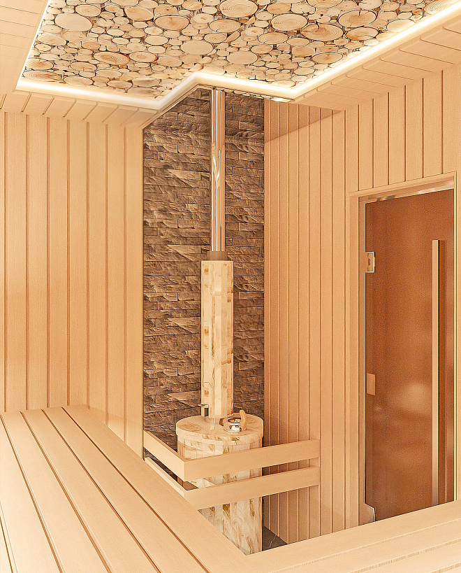 Сауна с панно из можжевельника