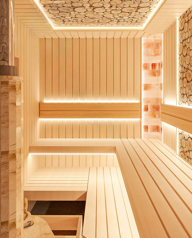 Сауна с панно из можжевельника