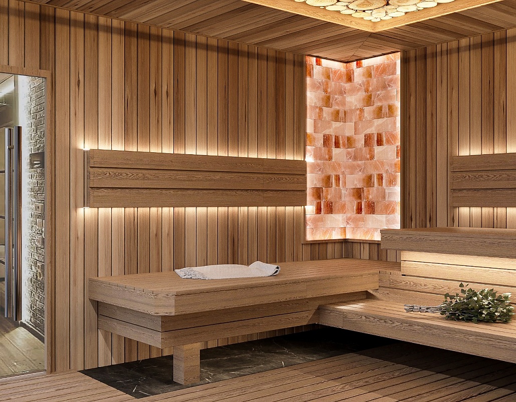 Премиум-сауна с панно из можжевельника